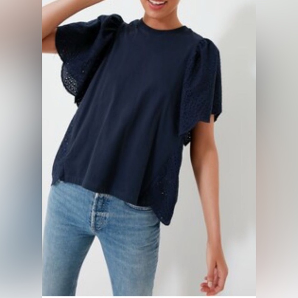 Pomander Place Navy Eyelet Flutter Sleeve Top